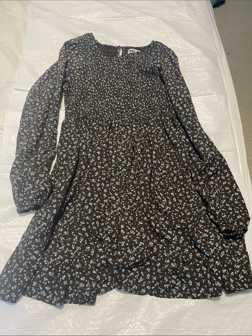 Smocked Long-Sleeve Floral Dress - Brown with Light Blue Blossom